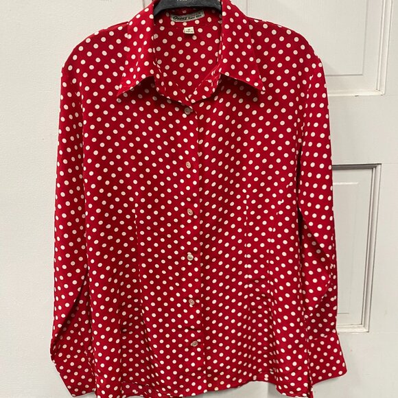 Vintage Guess Red White Polka Dot Collared Button Up Blouse  Size M - Picture 1 of 9